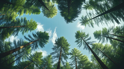 Green leaves and sky, clear blue sky and green trees seen from below