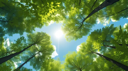Green leaves and sky, clear blue sky and green trees seen from below