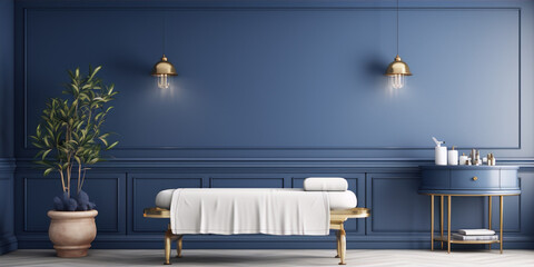 Blue and gold luxury spa room with massage table, plants, and stylish furniture. - obrazy, fototapety, plakaty