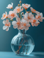 Flowers: Delicate pink blossoms in a clear glass vase, showcasing elegance against a teal background. Perfect for decor and design. Keywords: flowers, elegance, glass, teal