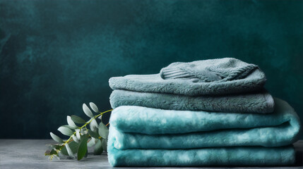 Bath towels in sage green color on dark background, home textile concept - obrazy, fototapety, plakaty