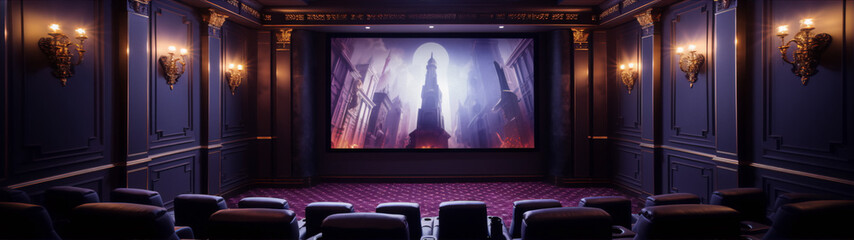 A home theater with black leather chairs and a large screen showing a movie with purple and blue colors.