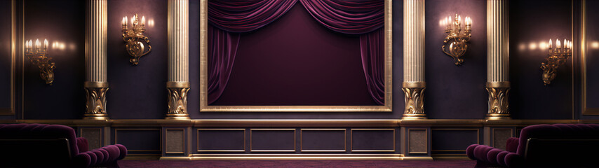 Luxury purple theater auditorium with golden columns and velvet seats - obrazy, fototapety, plakaty