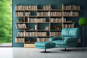 3D rendering of a modern home library with a large bookshelf, green plants, and a blue armchair.