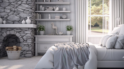 3D rendering of a cozy bedroom interior with fireplace, bookshelves, and large window - obrazy, fototapety, plakaty
