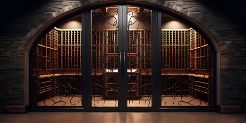 A dark and mysterious wine cellar with a large wooden door and wrought iron gates. - obrazy, fototapety, plakaty