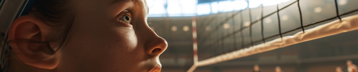 A side view close-up of a female athlete's face, capturing her focused gaze and determination in an...
