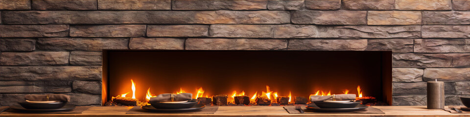A modern stone fireplace with an orange flame and dark plates and napkins on a wooden table. - obrazy, fototapety, plakaty