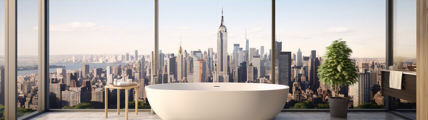 Cityscape view from luxury bathroom interior with bathtub and plant
