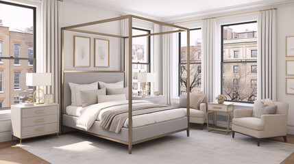 3d rendering of a modern bedroom with a canopy bed, white walls, and large windows.