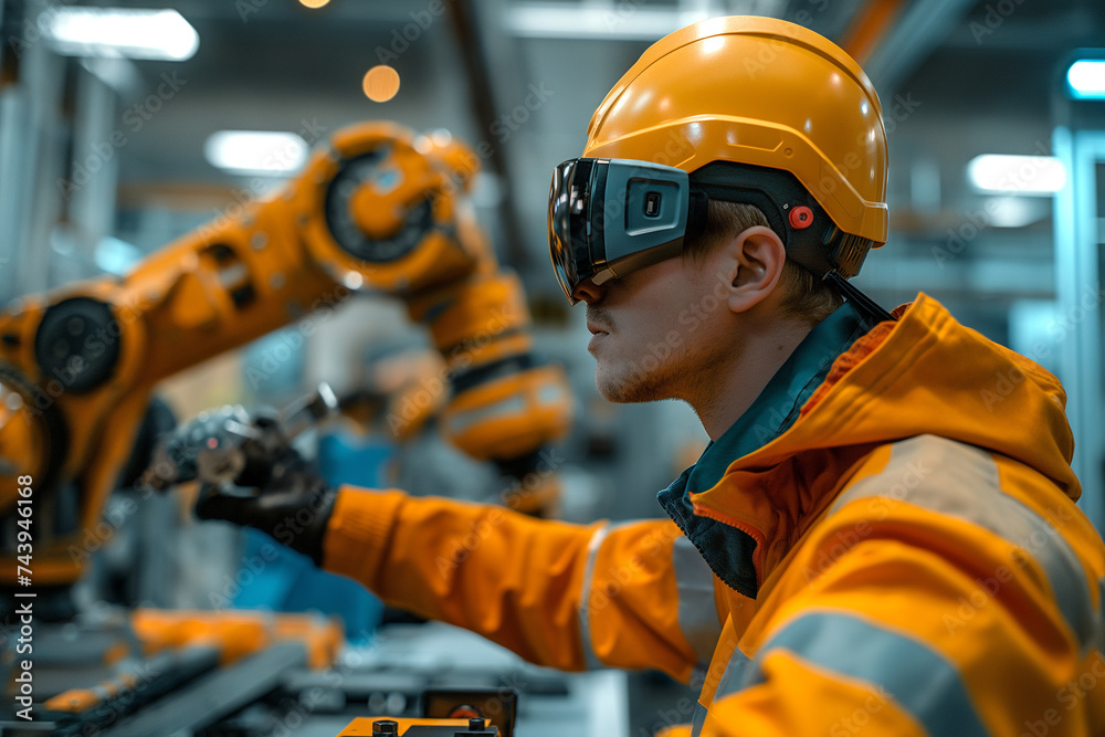 Poster Man working at industrial robot in modern factory