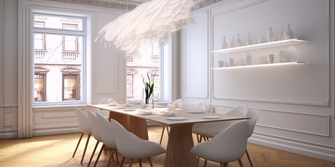 3D rendering of a modern dining room with a large white table, white chairs, and a white chandelier. - obrazy, fototapety, plakaty