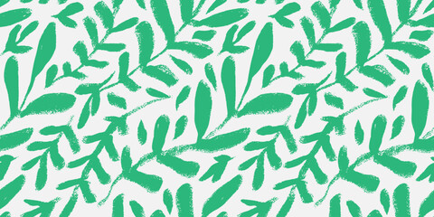 Hand drawn vector abstract seamless pattern with floral motif. Painted brunches with leaves diagonal two colors repeatable background. Surface botanical pattern. - 743946358