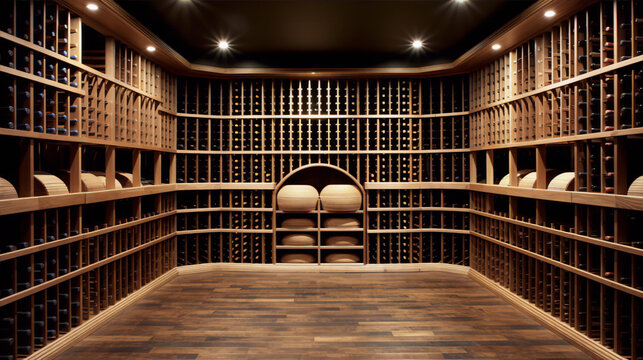 Luxury underground wine cellar with wooden racks and stone floor