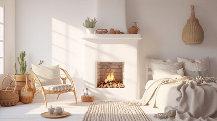 Cozy minimalist bedroom beige cream tones warm inviting winter hygge home decor.
