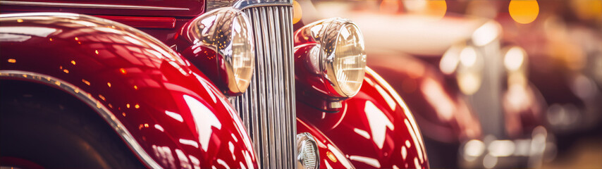 Closeup of a shiny red vintage car with chrome details. - obrazy, fototapety, plakaty