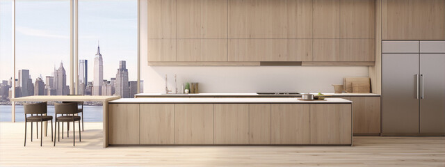 Modern wood kitchen interior with a view of the city