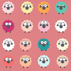 Sheep with different appearance, seamless pattern, pink background, print, paper, textile, vector illustration in flat design, animal, color image, simple, multicolored, seamless pattern.
