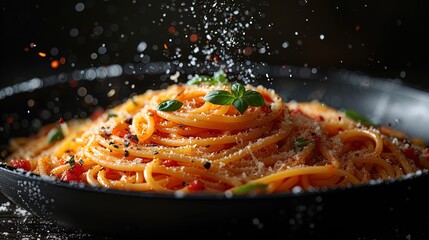 Spaghetti twirling out of a pan, creating a whimsical and dynamic image that celebrates the joy of