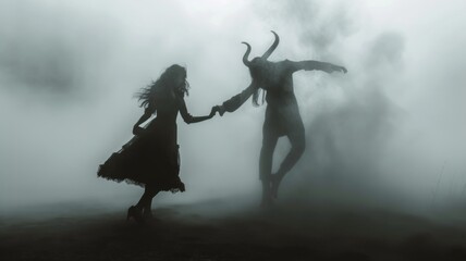 Devil with horns seduces beautiful girl. Demon dances with woman in dress silhouette. Gloomy mystical foggy atmosphere. People succumb to passion, sinfulness concepts. The dark side of the human soul.