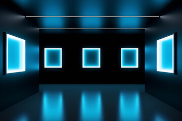 3 glowing blue frames in a dark room with a shiny floor