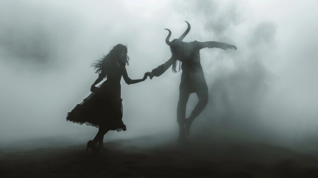 Devil with horns seduces beautiful girl. Demon dances with woman in dress silhouette. Gloomy mystical foggy atmosphere. People succumb to passion, sinfulness concepts. The dark side of the human soul.