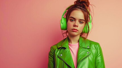 Side view young woman wearing casual green sweater headphones listen to music dance gesticulating hands have fun isolated on plain pastel purple background studio. People lifestyle concept - obrazy, fototapety, plakaty