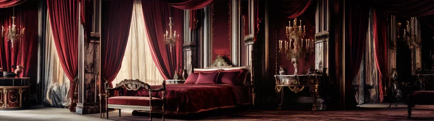 Deurstickers Ornate red and gold royal bedroom with marble columns and crystal chandeliers © camelia