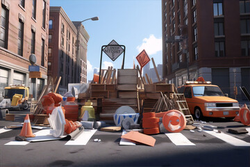 Urban street barricades with traffic cones, wooden planks and an orange truck in the background. - obrazy, fototapety, plakaty