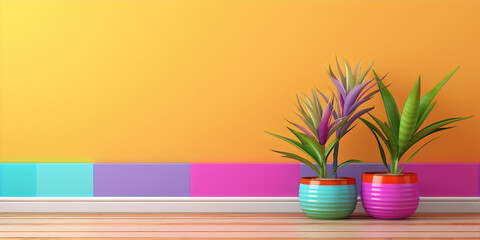 3D rendering of two potted plants in front of a multi-colored wall - obrazy, fototapety, plakaty