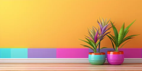 Fotobehang 3D rendering of two potted plants in front of a multi-colored wall © nadiajal