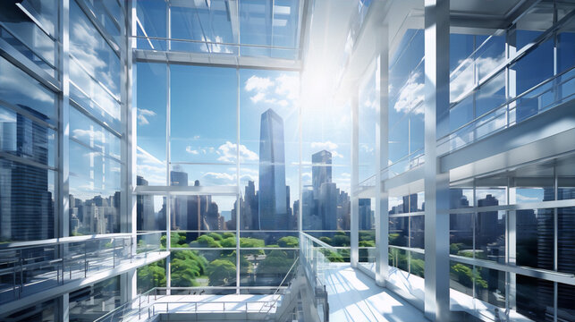 Cityscape Through The Glass Windows Of A Modern Office Building Interior