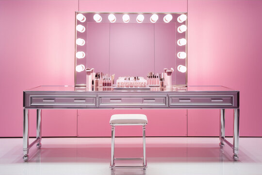 A vanity table with a mirror, stool, and makeup products in a pink room.