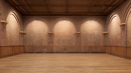 Fototapeta premium Large empty room with brick walls and wooden floor and ceiling