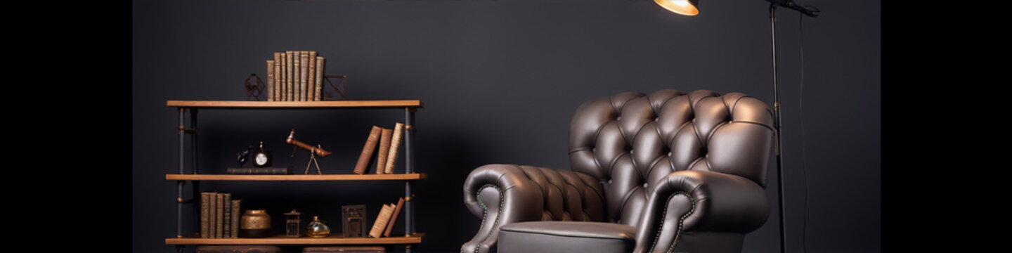 Black tufted leather chesterfield armchair and wooden shelf with books and decorations in the dark library.