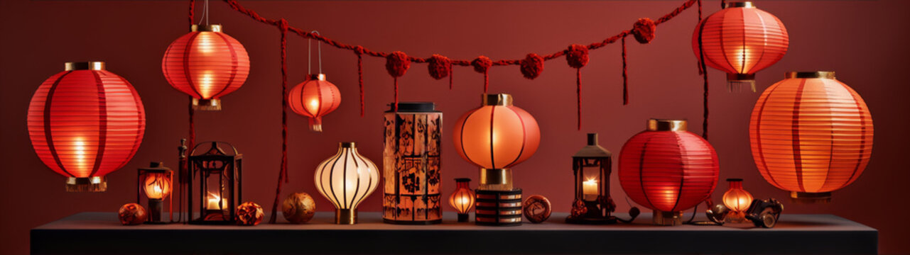 Red and orange glowing paper lanterns of various sizes and styles on a dark red background.