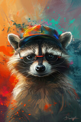 Stylish Raccoon Wearing Cap and Glasses Artwork