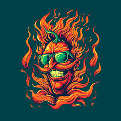 Spicy Red Chili Mascot with Glasses and Fire