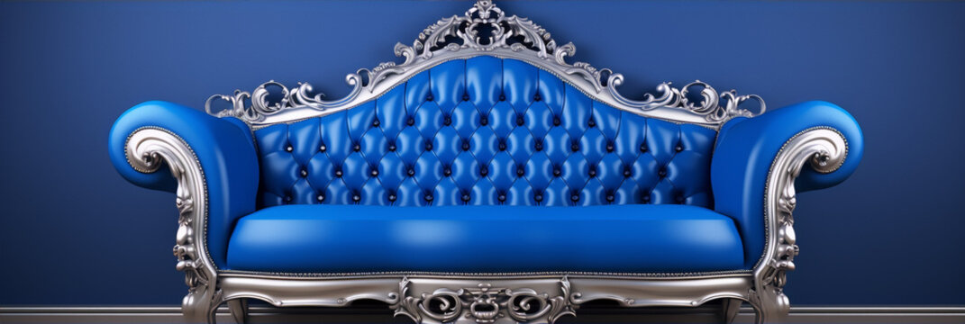 Blue tufted leather Chesterfield sofa in a blue room.