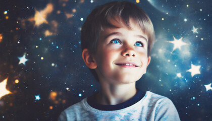 boy smiling and looking at the stars. - obrazy, fototapety, plakaty