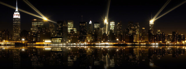 Fototapeta na wymiar Cityscape of New York City at night with spotlights and reflection on the water in gold and black colors in digital art style