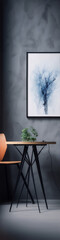 Blue and gray tree painting above wooden table with plant on it.