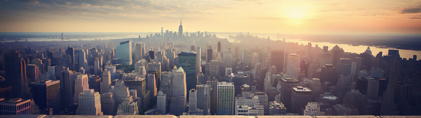 Cityscape of New York City with warm sunlight, blue sky and clouds in the background