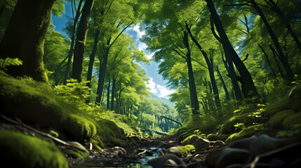 Looking up at the green forest, trees with green leaves, blue sky and sunshine