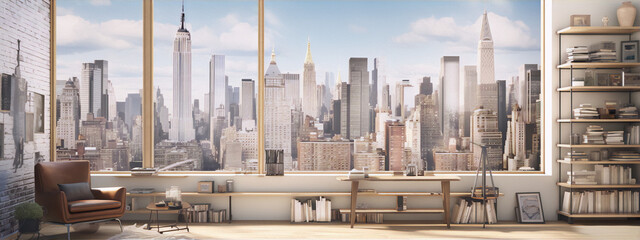 Cityscape of New York City with a view of the Empire State Building from a modern home with large windows and a minimalist interior design