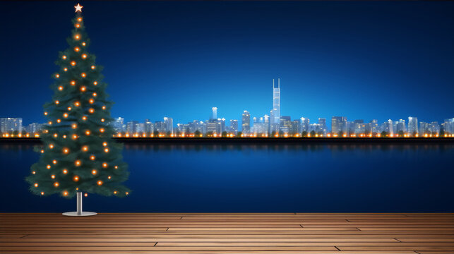 Cityscape and christmas tree with bokeh lights at night