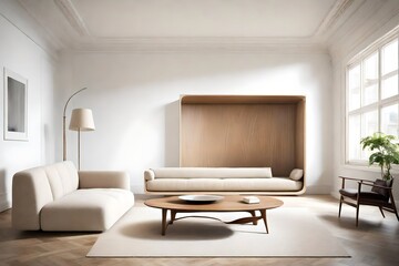 A serene living room with a single statement piece of furniture, bathed in soft natural light, showcasing minimalism in design.