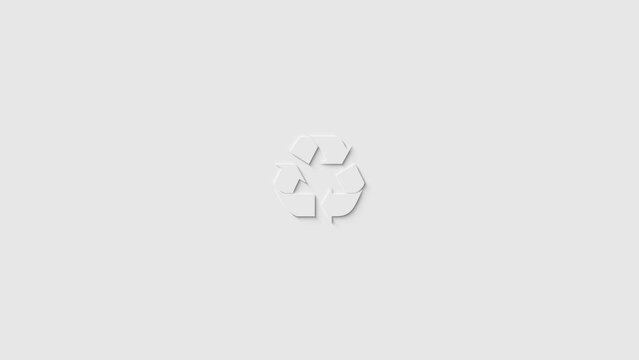 A looping Neumorphic minimal light grey motion graphic design with animated rotating recycling symbol in 4k UHD 30p