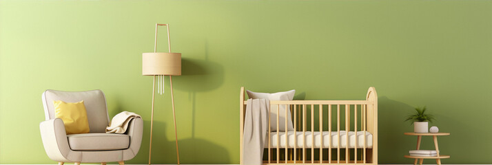 3D rendering of a minimalist green nursery with a crib and a chair - obrazy, fototapety, plakaty
