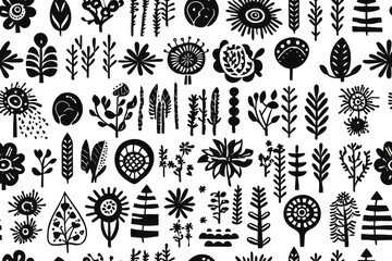 ink drawings of various flowers and leaves - obrazy, fototapety, plakaty